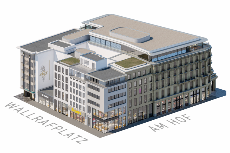 3D-Modell des Dom Hotels und Domcarré mit Retailflächen im Erdgeschoss.