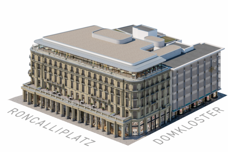 3D-Modell des Dom Hotels und Domcarré mit Retailflächen im Erdgeschoss.